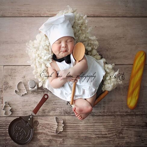 1 Set White Baby Apron and Chef Hat Infant Mini Chef Outfit Toddler White Baker Costume photoshoot props newborn photography outfit (Baby, 6-24 Months) in Kuwait