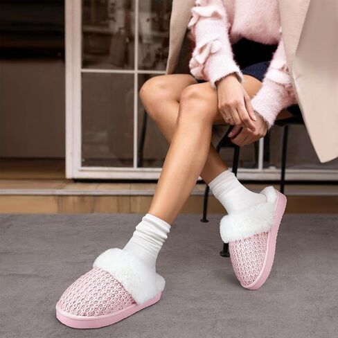 PIZZ ANNU Women's Platform Knit Slippers Comfy Winter Warm Fluffy Memory Foam Slip-On Scuff Faux Fur Plush House Slides Shoes for Indoor & Outdoor in Kuwait