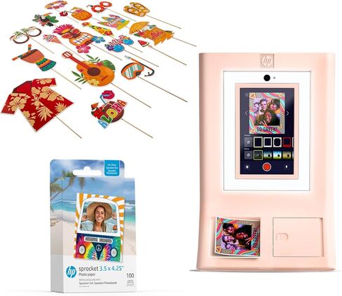 HP Publick Photo Booth Machine طابعة صور ملونة (وردية) + ورق Zink (100 ورقة) + نظارات القلب الملونة (6 مساءً) in Kuwait