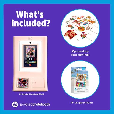 HP Publick Photo Booth Machine طابعة صور ملونة (وردية) + ورق Zink (100 ورقة) + نظارات القلب الملونة (6 مساءً) in Kuwait