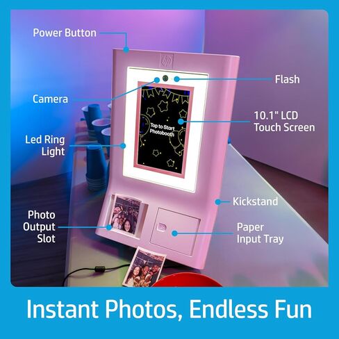 HP Publick Photo Booth Machine طابعة صور ملونة (وردية) + ورق Zink (100 ورقة) + نظارات القلب الملونة (6 مساءً) in Kuwait