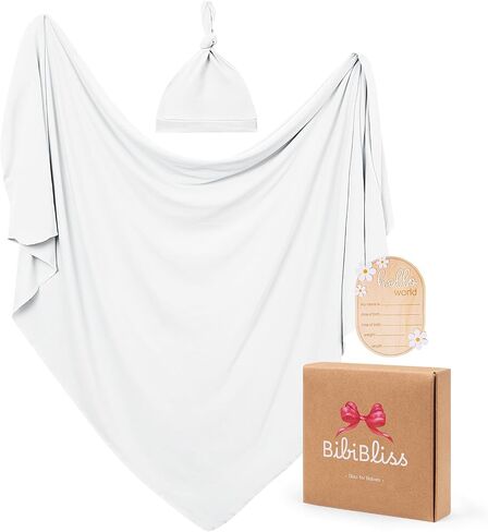 Stretchy Swaddle Blanket for Newborns with Hat & Hello World Card–Soft Baby Swaddles 0-3 Months,47"x 47"Supersoft Swaddle Blanket,Receiving Blanket for Boys & Girls (Cloud) in Kuwait