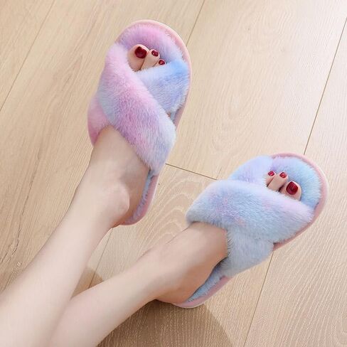 Womens Fuzzy Slides Slippers Open Toe Cross Band House Slippers Indoor/Outdoor Cozy House Shoes in Saudi Arabia