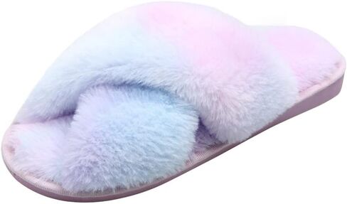 Womens Fuzzy Slides Slippers Open Toe Cross Band House Slippers Indoor/Outdoor Cozy House Shoes in Saudi Arabia