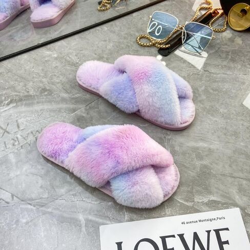 Womens Fuzzy Slides Slippers Open Toe Cross Band House Slippers Indoor/Outdoor Cozy House Shoes in Saudi Arabia
