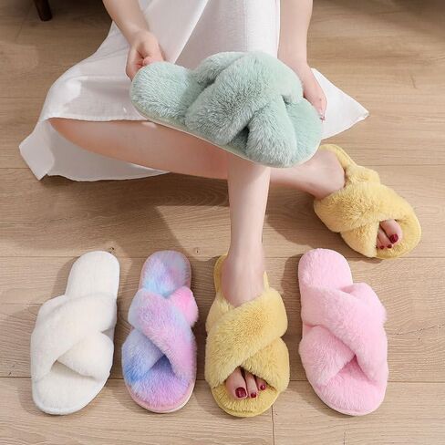 Womens Fuzzy Slides Slippers Open Toe Cross Band House Slippers Indoor/Outdoor Cozy House Shoes in Saudi Arabia
