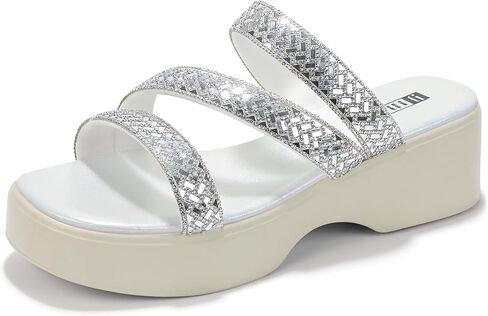 Idifu in2 Rhinestone Platform Standals للنساء اللامع لضيق منخفضة مربع مربع صندل إسفين مريحة مريحة في الصيف الشاطئ حفل زفاف أعننى زلة لامعة على شرائح اللباس in Kuwait