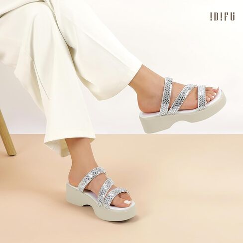 Idifu in2 Rhinestone Platform Standals للنساء اللامع لضيق منخفضة مربع مربع صندل إسفين مريحة مريحة في الصيف الشاطئ حفل زفاف أعننى زلة لامعة على شرائح اللباس in Kuwait