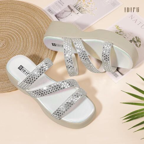 Idifu in2 Rhinestone Platform Standals للنساء اللامع لضيق منخفضة مربع مربع صندل إسفين مريحة مريحة في الصيف الشاطئ حفل زفاف أعننى زلة لامعة على شرائح اللباس in Kuwait