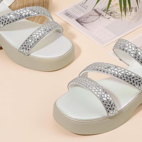 Idifu in2 Rhinestone Platform Standals للنساء اللامع لضيق منخفضة مربع مربع صندل إسفين مريحة مريحة في الصيف الشاطئ حفل زفاف أعننى زلة لامعة على شرائح اللباس in Kuwait