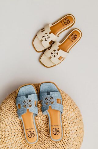 Daisy Fuentes Women's Slip-On Sandals Zain – Comfortable Design in Denim Blue and Linen White, Sizes 6-10 in Saudi Arabia