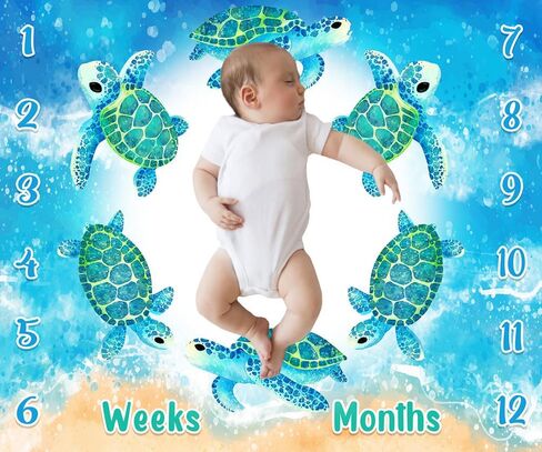 سلحفاة معلمة بطانية البحر الأزرق حياة الطفل بطانية الشاطئ هدية حديثي الولادة مع أشهر الأسبوع حقيبة تقويم 60x40in btyhfh046 in Kuwait