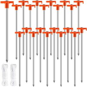 20 Pack Tent Stakes,10 Inch Heavy Duty Metal Tent Pegs,Pop Up Tent Pegs Camping Stakes,Non-Rust Ground Stakes Tent Spikes for Outdoor Camping Canopy Garden,with 2 Pcs 10FT Ropes(Orange)