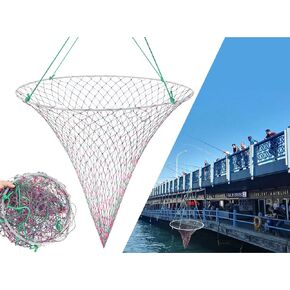 32in x 37in Folded Bridge and Pier Fishing Net, More Coarse Soft Steel Hoop, Colourful Dual-Line Construction，Heavy-Duty Fishing Cast polyethylene Fiber line Mesh Net, Drop Net/Rope/Storage Bag