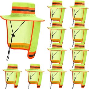 12 pcs Reflective Safety Hat with Neck Flap Wide Brim Men High Visibility Reflective Sun Hat Breathable Bucket Cap for Men Women Worker