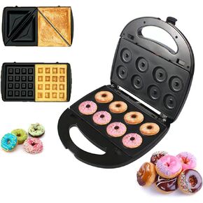 Donut Maker, 3 in 1 Electric Waffles Sandwich Machine，Panini Press Grill Iron Set with 3 interchangeable Removable Non Stick Plates，750W Detachable Dessert Toaster, Perfect for Breakfast