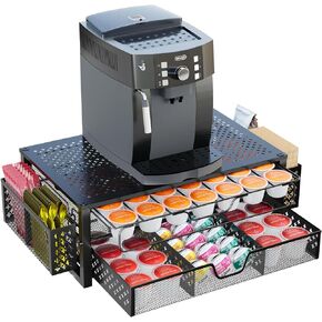 Coffee Pod Holder for K-Cups, with 2 Tier Slidng Storage Drawer and Coffee Accessories Holder, 63 Large or 80 Small Capsule Organizer, Black