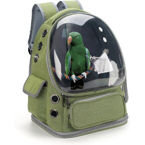 Bird Backpack Carrier Travel Cage with Perch, Tray and Breathable Clear Window, Bird Travel Cage for Cockatiel Caique Conure Quaker, for Vetting Camping Hiking (Green)
