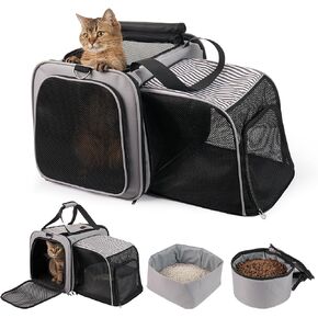Cat Carrier with Litter Box, Soft Cat Travel Carrier with Food Carrier, Expandable Portable Cat Carrier for Car Travel, up to 20 lb to Road Trip, Camping, Hiking, Grey