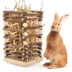 Wood Rabbit Hay Feeder, Hanging Grass Holder with 2 Hooks, Small Animals Feeding Hay Manager for Cage, Bunny Hay Feeder Rack for Chinchilla Guinea Pig Hamster Gerbil