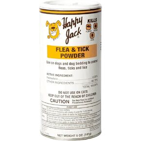 Happy Jack Flea and Tick Powder for Dogs & Puppies, Flea Powder for Carpets, Treatment & Control, Kills Pests, Ticks & Lice, Odorless & Non-Staining, Dust on Sleeping Quarters & Furniture (5 oz)