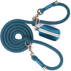 Rope Dog Leash with Poop Bag Holder, 7.4ft Nylon Heavy Duty Waist Dog Leashes with Metal Clasp, Hands Free Double Dog Leash for Small Puppy Medium Large Dogs,Khaki