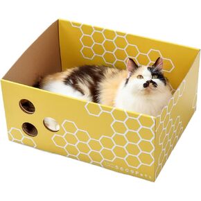 Extra Large Cardboard Cat Scratcher Box, Fun & Cute Cat Scratching Bed for Indoor Cats, Sturdy Scratch Box w/Catnip, 17"x13"x8.25", Premium Quality