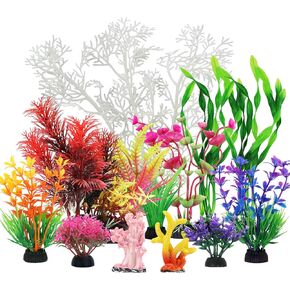 Aquarium Decorations Plants with Resin Coral, 12 pcs Fish Tank Accessories, Fish Tank Decorations Small Plants Plastic, Aquarium Decor Artificial Plant