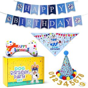 Pacific Pups Dog Birthday Decorations Set - Dog Birthday Hat, Dog Birthday Bandana, Squeaky Toy, Happy Birthday Dog Birthday Banner, Dog Party Hat, Celebrate in Style Support a Noble Cause Pink Stars