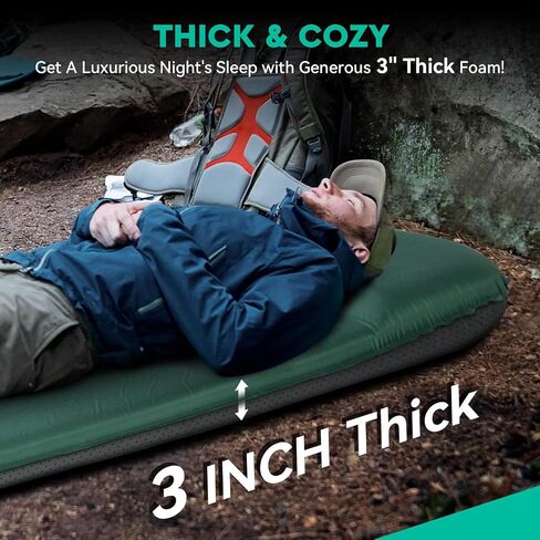 Hikenture Self Inflating Sleeping Pad for Camping, 3'' Ultra Thick Camping Pad with Pillow, 9.5 R-Value Insulated Camping Mattress, 4-Season Inflatable Foam Camping Mat for Car, Tent, Cot in Saudi Arabia