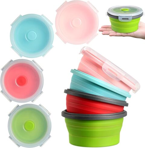 4 Pcs Collapsible Bowls with Lids Silicone Camping Food Storage Container Expandable Folding Salad Lunch Box Travel Container for Hiking Camping in Saudi Arabia