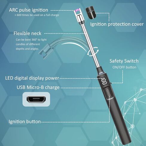 ولاعة شمعة، ولاعة كهربائية قابلة لإعادة الشحن عبر USB، عمر بطارية طويل الأمد، شاشة LED، رقبة مرنة مقاومة للرياح، بلازما عديمة اللهب، ولاعة طويلة للشموع والشواء والتخييم في المطبخ in Kuwait