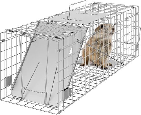 VEVOR Live Animal Cage Trap, 50" x 20" x 26" Humane Cat Trap Galvanized Iron, Folding Animal Trap with Handle for Stray Dogs, Armadillos, Raccoons, Marmots, Foxes in Saudi Arabia