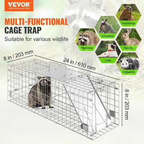 VEVOR Live Animal Cage Trap, 50" x 20" x 26" Humane Cat Trap Galvanized Iron, Folding Animal Trap with Handle for Stray Dogs, Armadillos, Raccoons, Marmots, Foxes in Saudi Arabia