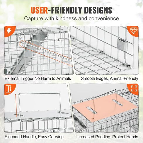 VEVOR Live Animal Cage Trap, 50" x 20" x 26" Humane Cat Trap Galvanized Iron, Folding Animal Trap with Handle for Stray Dogs, Armadillos, Raccoons, Marmots, Foxes in Saudi Arabia