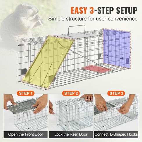 VEVOR Live Animal Cage Trap, 50" x 20" x 26" Humane Cat Trap Galvanized Iron, Folding Animal Trap with Handle for Stray Dogs, Armadillos, Raccoons, Marmots, Foxes in Saudi Arabia
