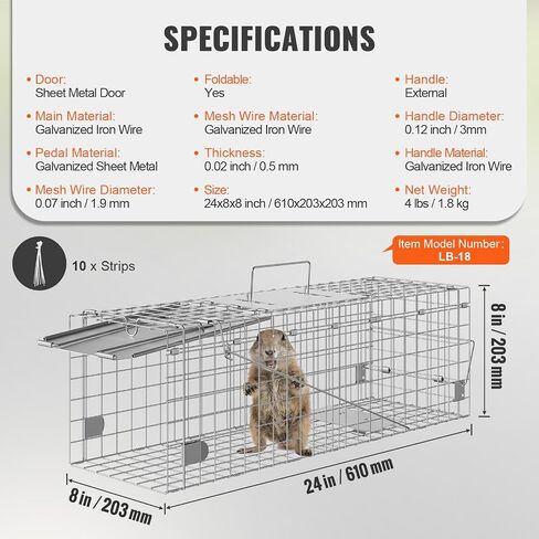 VEVOR Live Animal Cage Trap, 50" x 20" x 26" Humane Cat Trap Galvanized Iron, Folding Animal Trap with Handle for Stray Dogs, Armadillos, Raccoons, Marmots, Foxes in Saudi Arabia