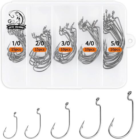 UCEC Fishing Hooks, 140PCS/ 100PCS/ 60PCS EWG Offset Worm Hooks Bass Hooks Wide Gap 2X Strong Senko Bait Texas Rig Jig Fish Hooks for Bass Trout Saltwater Freshwater Size:#4#2#1 1/0 2/0 3/0 4/0 5/0 in Saudi Arabia