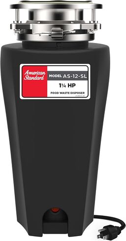 American Standard Slim Line Anti-Jam 1.25 HP Garbage Disposal | Quiet 1-1/4 HP Motor Grinds At 2800 RPM, Stainless Steel, Septic Safe, Easy 3-Bolt Install, Cord Included (10-US-AS-12-SL) in Kuwait