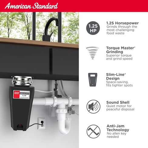 American Standard Slim Line Anti-Jam 1.25 HP Garbage Disposal | Quiet 1-1/4 HP Motor Grinds At 2800 RPM, Stainless Steel, Septic Safe, Easy 3-Bolt Install, Cord Included (10-US-AS-12-SL) in Kuwait