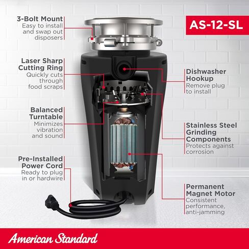 American Standard Slim Line Anti-Jam 1.25 HP Garbage Disposal | Quiet 1-1/4 HP Motor Grinds At 2800 RPM, Stainless Steel, Septic Safe, Easy 3-Bolt Install, Cord Included (10-US-AS-12-SL) in Kuwait
