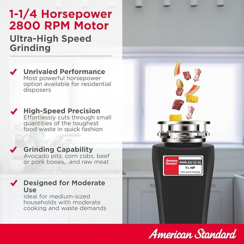 American Standard Slim Line Anti-Jam 1.25 HP Garbage Disposal | Quiet 1-1/4 HP Motor Grinds At 2800 RPM, Stainless Steel, Septic Safe, Easy 3-Bolt Install, Cord Included (10-US-AS-12-SL) in Kuwait