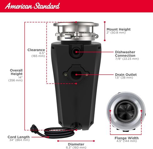 American Standard Slim Line Anti-Jam 1.25 HP Garbage Disposal | Quiet 1-1/4 HP Motor Grinds At 2800 RPM, Stainless Steel, Septic Safe, Easy 3-Bolt Install, Cord Included (10-US-AS-12-SL) in Kuwait