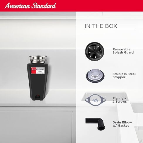 American Standard Slim Line Anti-Jam 1.25 HP Garbage Disposal | Quiet 1-1/4 HP Motor Grinds At 2800 RPM, Stainless Steel, Septic Safe, Easy 3-Bolt Install, Cord Included (10-US-AS-12-SL) in Kuwait