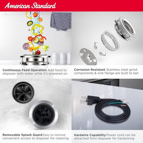 American Standard Slim Line Anti-Jam 1.25 HP Garbage Disposal | Quiet 1-1/4 HP Motor Grinds At 2800 RPM, Stainless Steel, Septic Safe, Easy 3-Bolt Install, Cord Included (10-US-AS-12-SL) in Kuwait