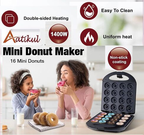 Mini Donut Maker Pancake Waffle Maker Machine for Instant Breakfast, Snacks, Dessert; Non-stick Surface, Cake Machine, Waffle maker, Kid's friendly, Double-Sided Heating Makes 16 Donut, Black in Saudi Arabia