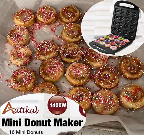 Mini Donut Maker Pancake Waffle Maker Machine for Instant Breakfast, Snacks, Dessert; Non-stick Surface, Cake Machine, Waffle maker, Kid's friendly, Double-Sided Heating Makes 16 Donut, Black in Saudi Arabia