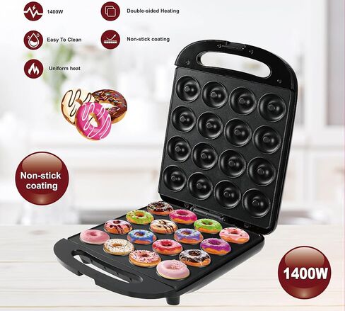 Mini Donut Maker Pancake Waffle Maker Machine for Instant Breakfast, Snacks, Dessert; Non-stick Surface, Cake Machine, Waffle maker, Kid's friendly, Double-Sided Heating Makes 16 Donut, Black in Saudi Arabia
