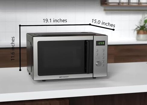Emerson MW7601SL Compact Countertop Microwave Oven with Sleek Mirrored Finish Door 10 Power Levels, 6 Auto Menus, Glass Turntable and Child Safe Lock, 0.7 Cu. Ft, Silver in Kuwait