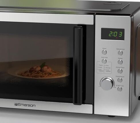 Emerson MW7601SL Compact Countertop Microwave Oven with Sleek Mirrored Finish Door 10 Power Levels, 6 Auto Menus, Glass Turntable and Child Safe Lock, 0.7 Cu. Ft, Silver in Kuwait